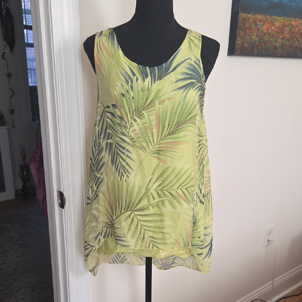 Made In Italy Tropical Leaf Print Sleeveless Silk Top